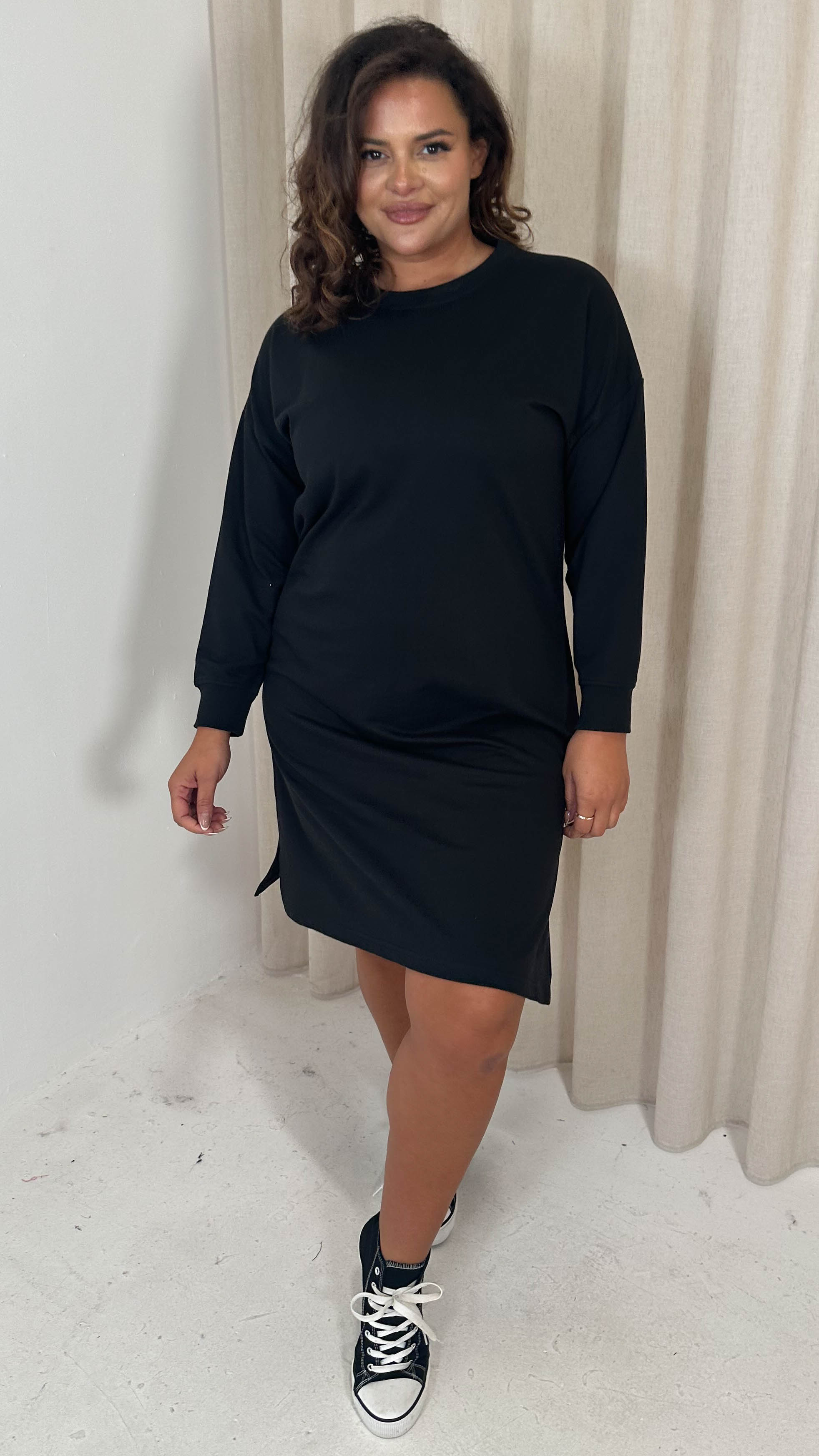 CurveWow Crew Neck Side Split Sweat Dress Black