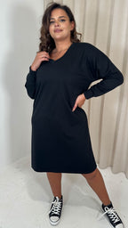 CurveWow V Neck Sweatshirt Dress Black