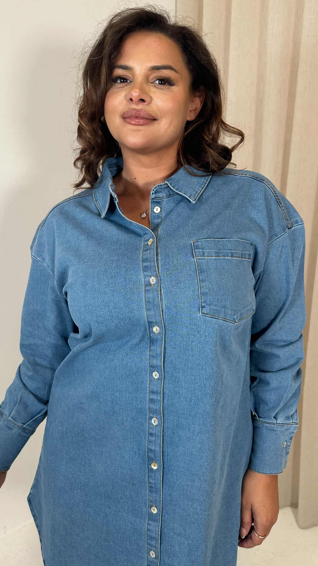 CurveWow Washed Look Denim Shirt Dress Mid Blue