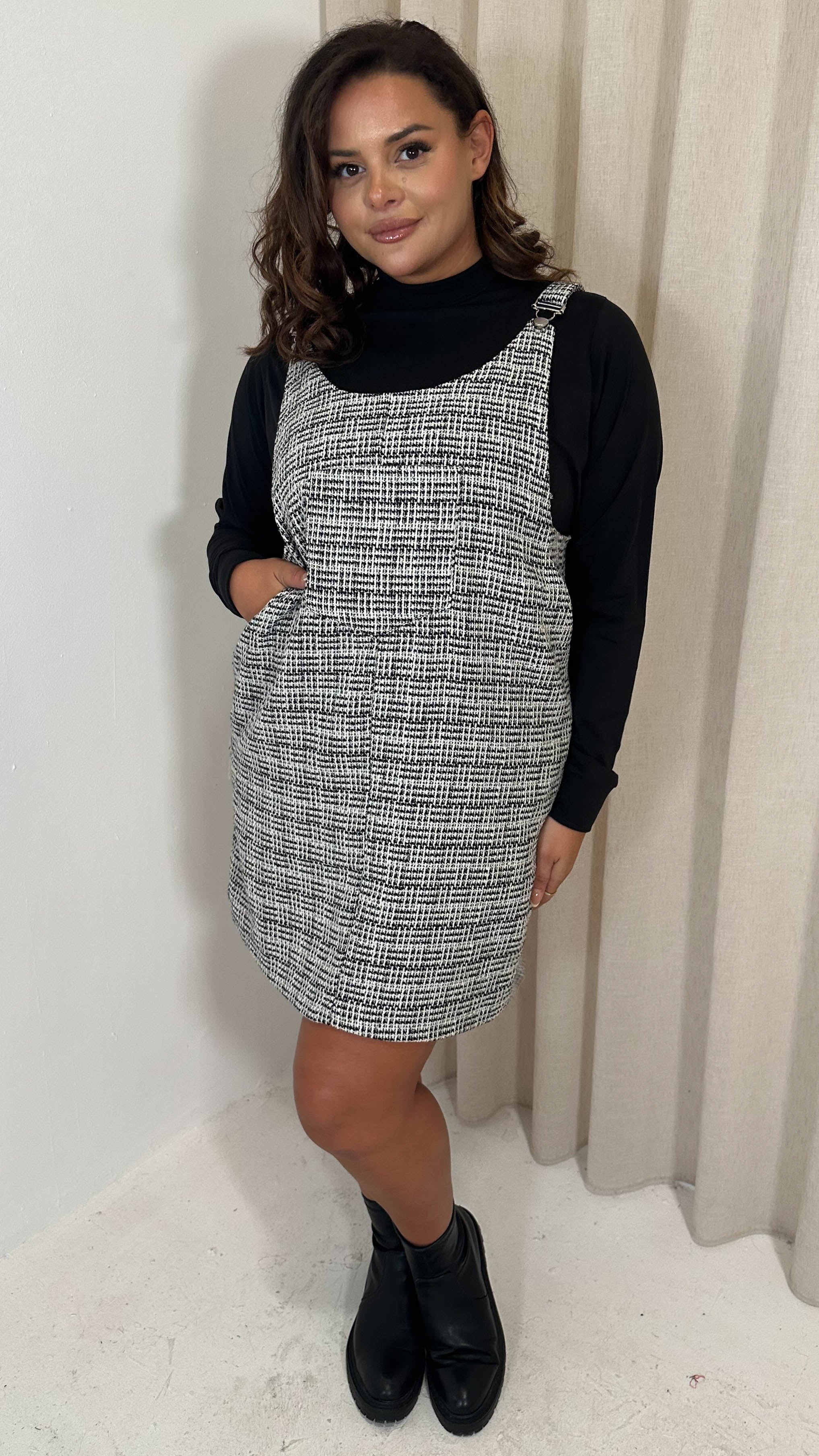 CurveWow Check Pinafore Dress Black & White