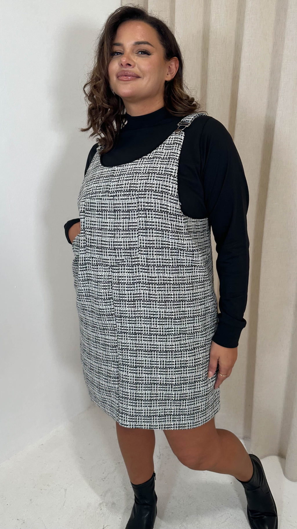 CurveWow Check Pinafore Dress Black & White