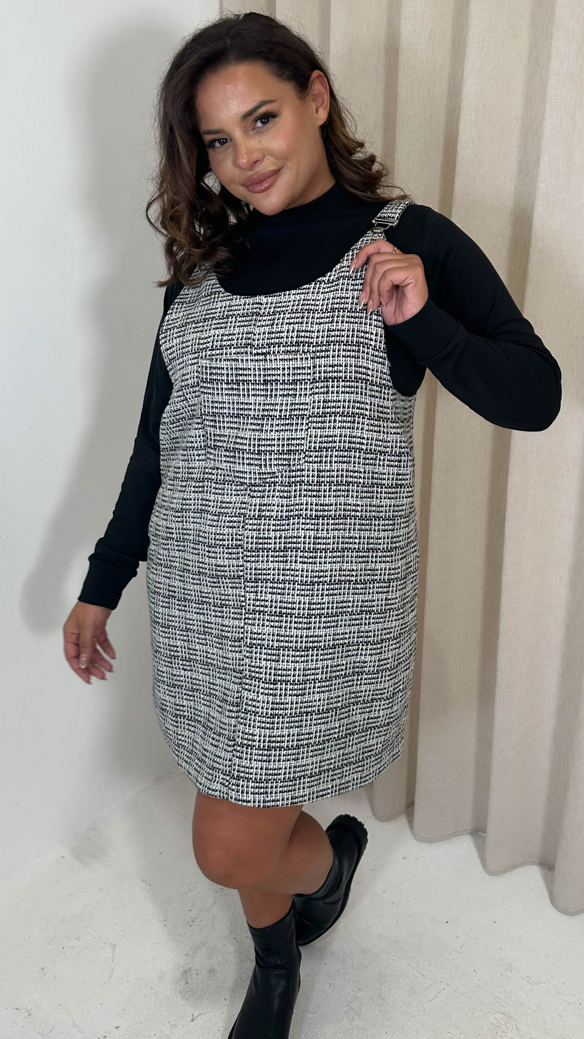 CurveWow Check Pinafore Dress Black & White