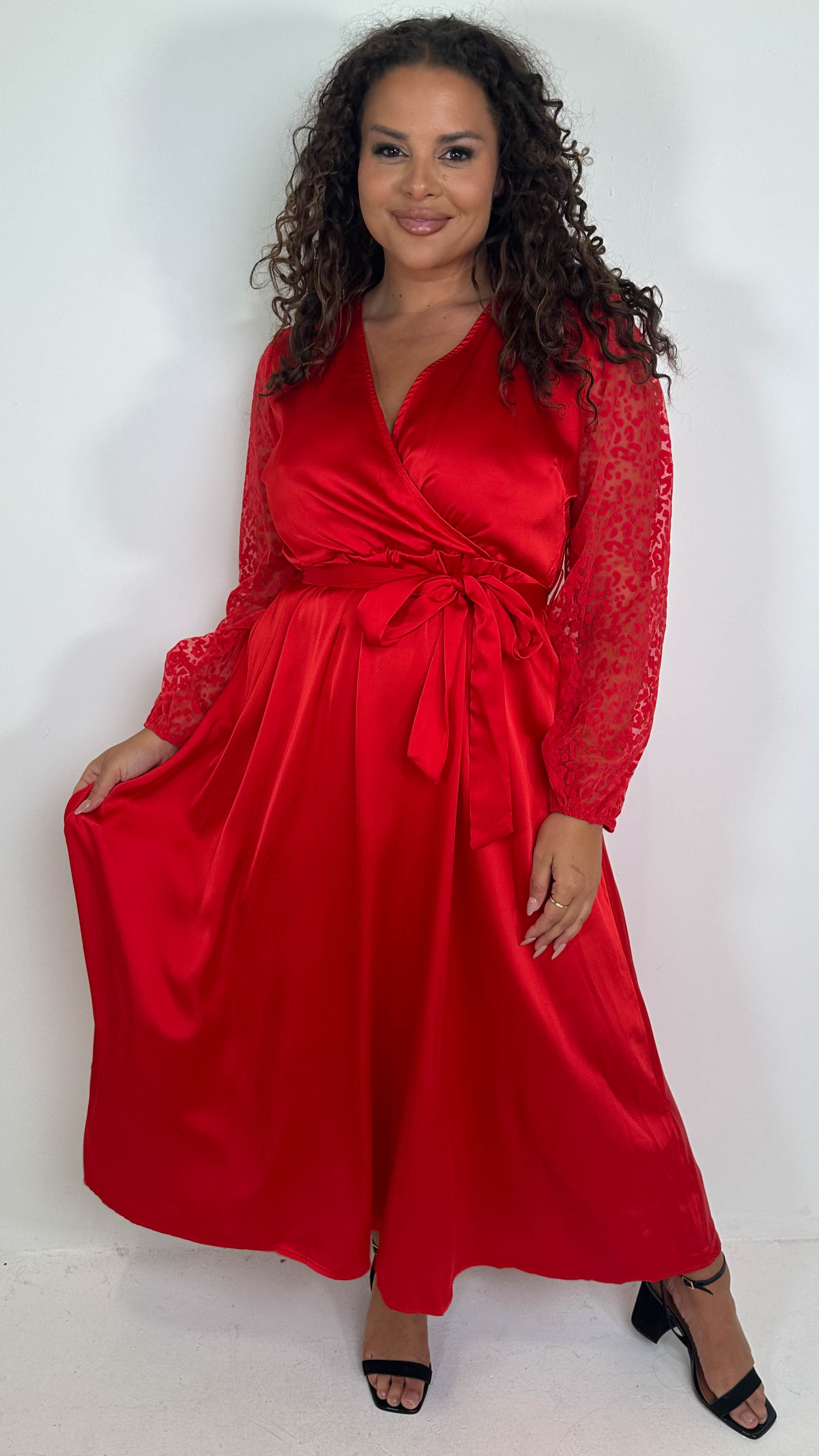 CurveWow Mesh Detail Wrap Midaxi Dress Red