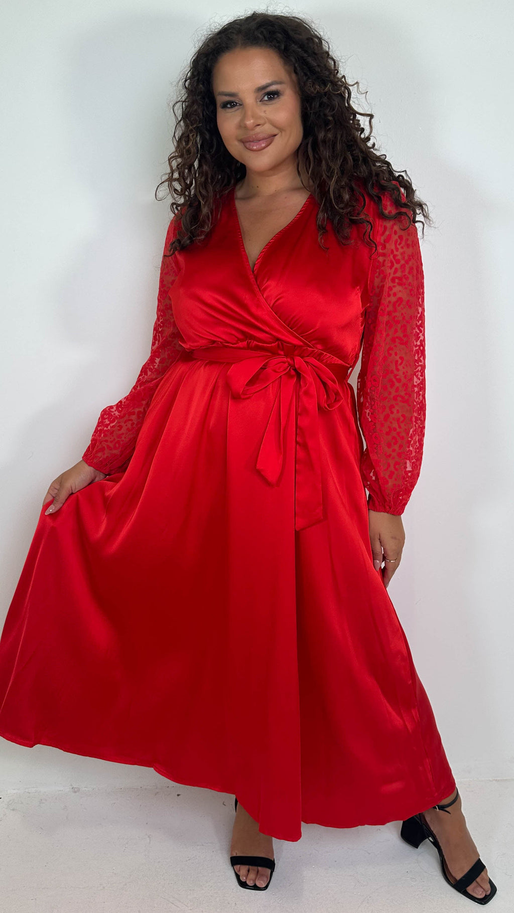 CurveWow Mesh Detail Wrap Midaxi Dress Red
