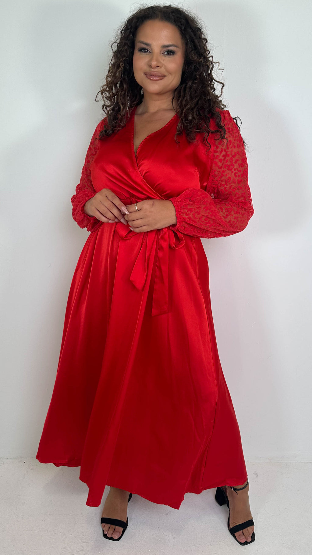 CurveWow Mesh Detail Wrap Midaxi Dress Red