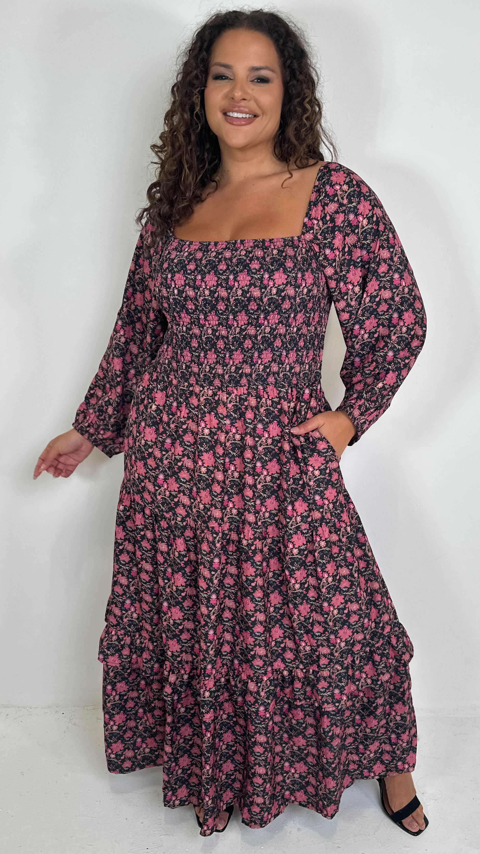 CurveWow Shirred Top Maxi Dress Red Floral