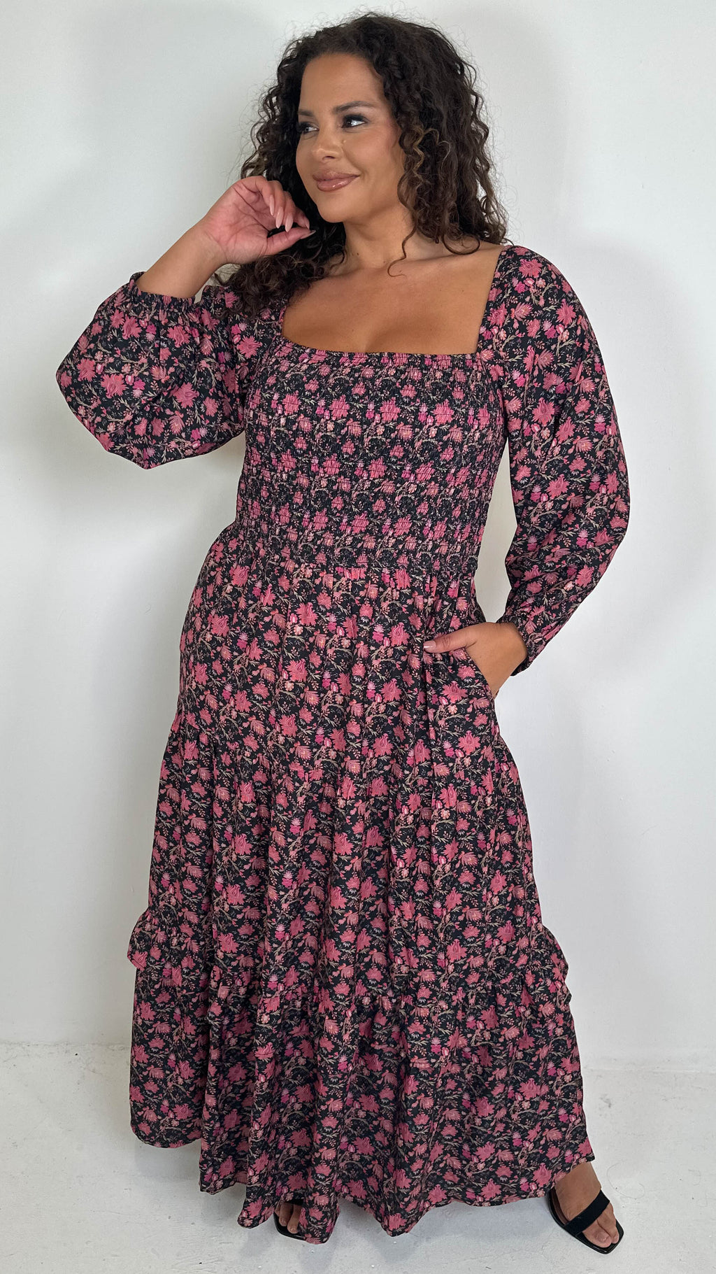 CurveWow Shirred Top Maxi Dress Red Floral