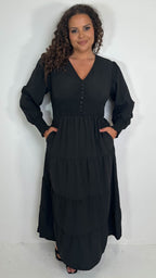 CurveWow Textured Button Front Shirred Waist Maxi Dress Black