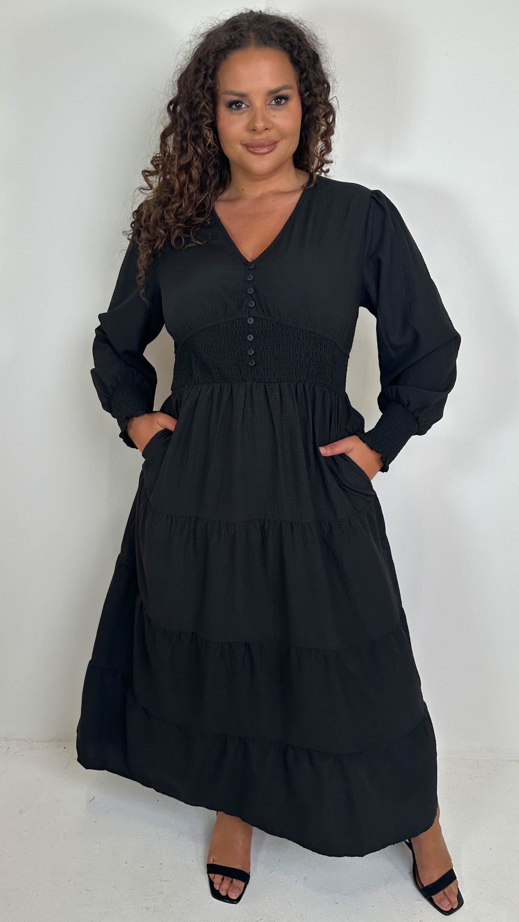 CurveWow Textured Button Front Shirred Waist Maxi Dress Black
