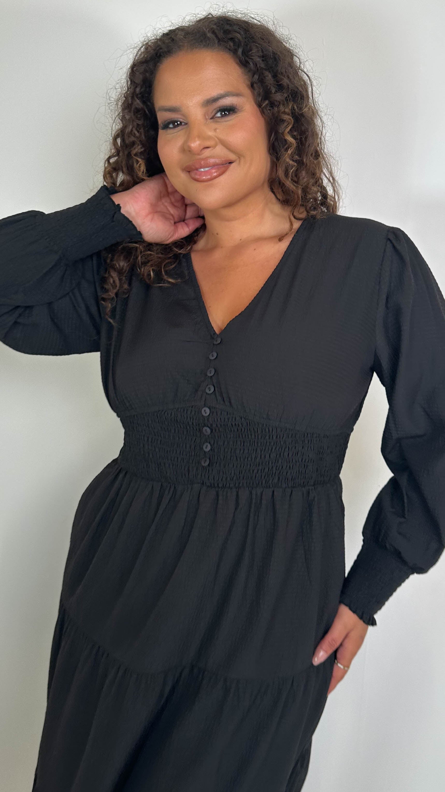 CurveWow Textured Button Front Shirred Waist Maxi Dress Black