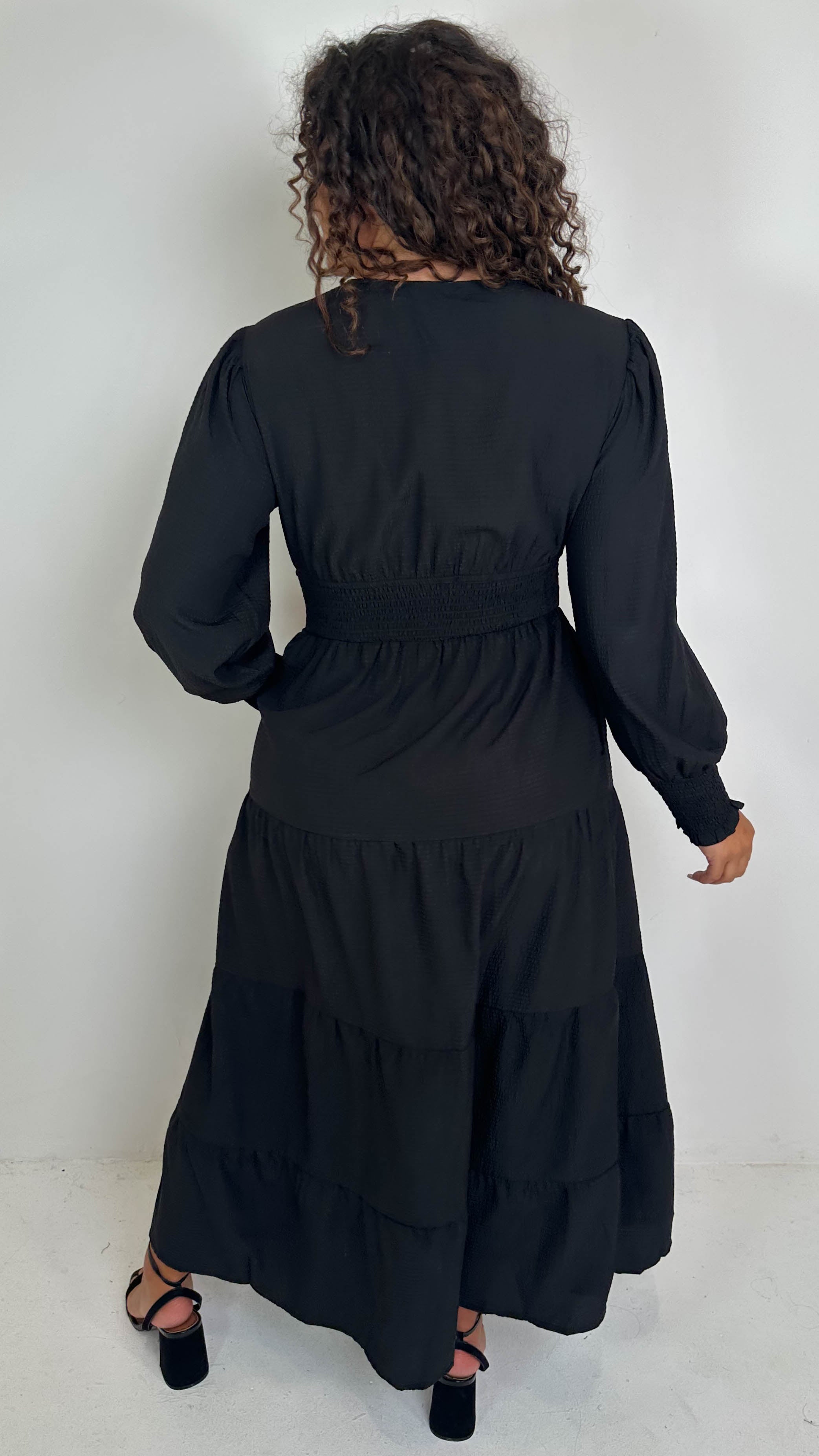 CurveWow Textured Button Front Shirred Waist Maxi Dress Black