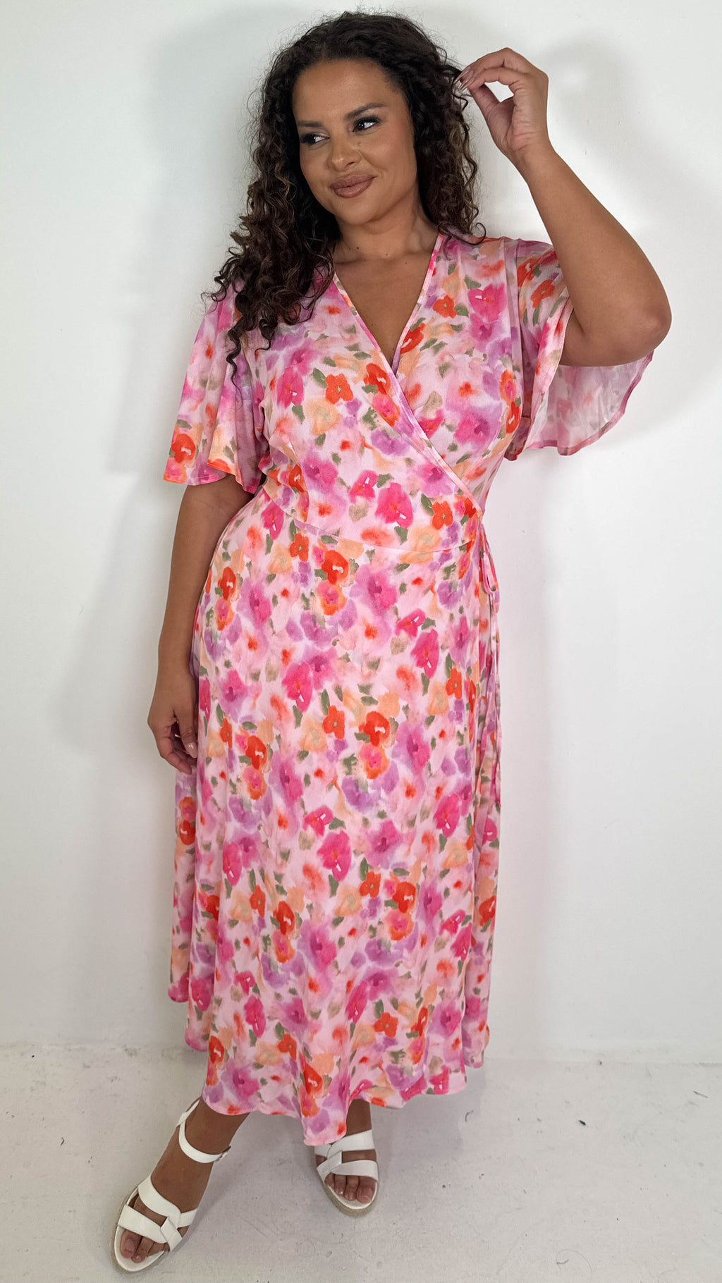 CurveWow Angel Sleeve Wrap Dress Pink Multi Floral