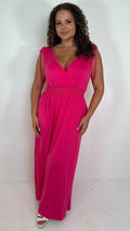 CurveWow Tie Shoulder Shirred Waist Maxi Dress Cerise