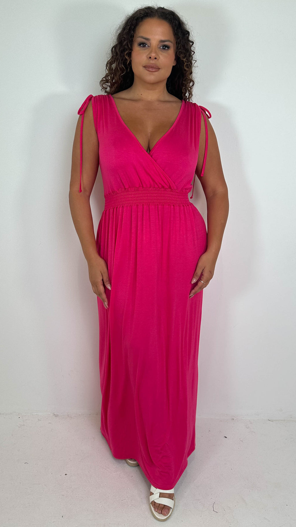 CurveWow Tie Shoulder Shirred Waist Maxi Dress Cerise