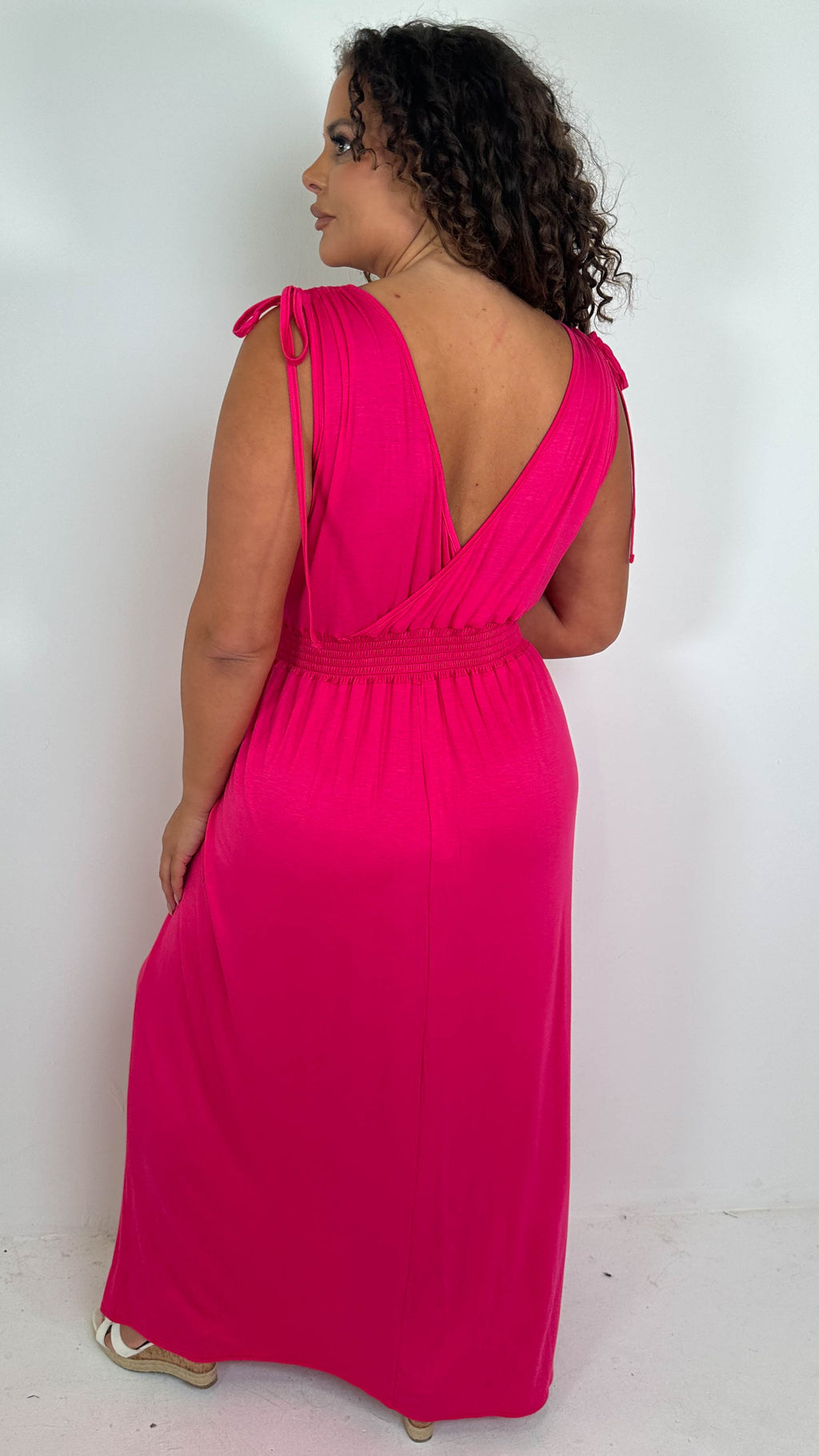 CurveWow Tie Shoulder Shirred Waist Maxi Dress Cerise