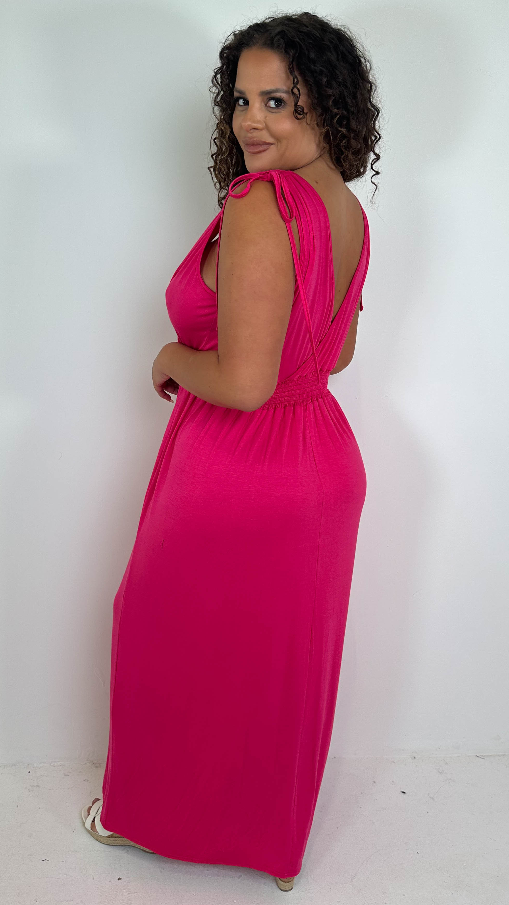 CurveWow Tie Shoulder Shirred Waist Maxi Dress Cerise