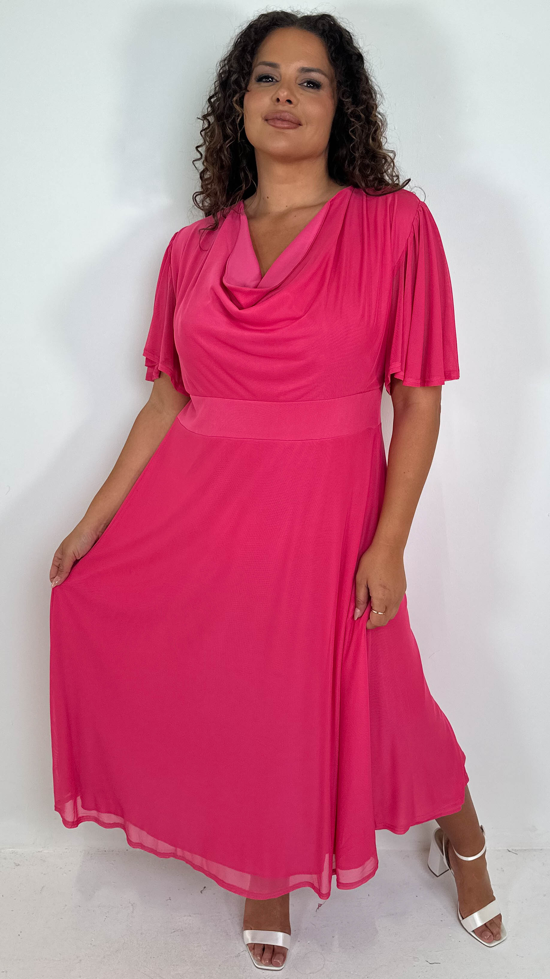 CurveWow Cowl Neck Mesh Angel Sleeve Dress Cerise