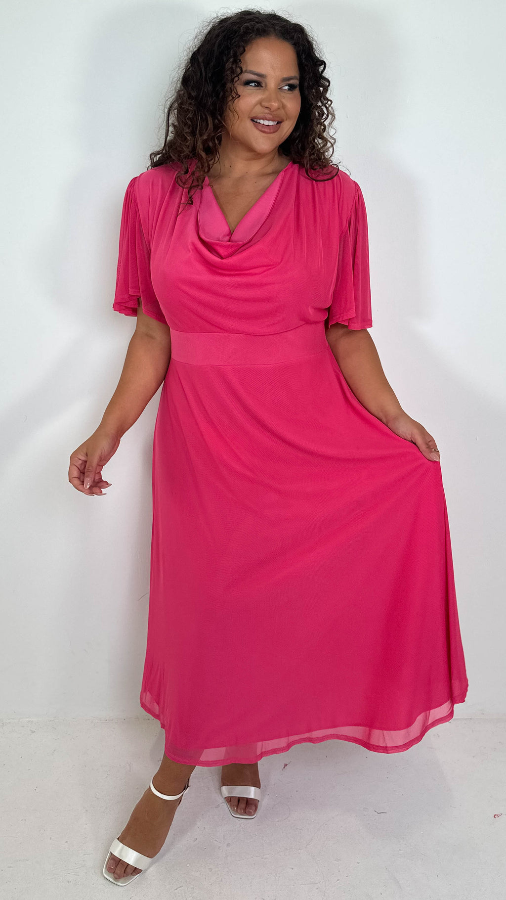 CurveWow Cowl Neck Mesh Angel Sleeve Dress Cerise