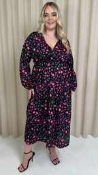CurveWow Wrap Balloon Sleeve Midaxi Dress Multi Animal