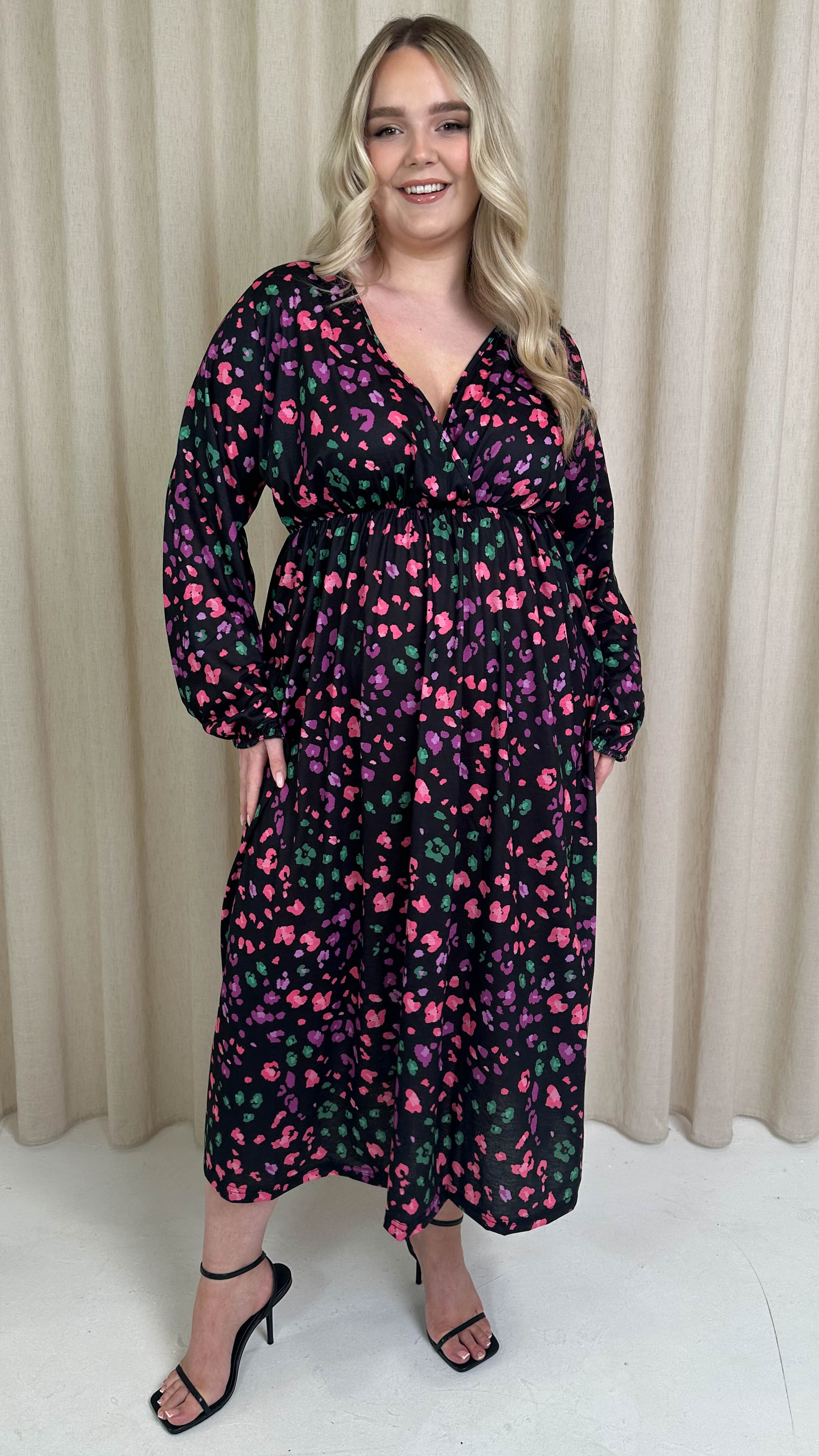 CurveWow Petite Wrap Balloon Sleeve Midaxi Dress Multi Animal