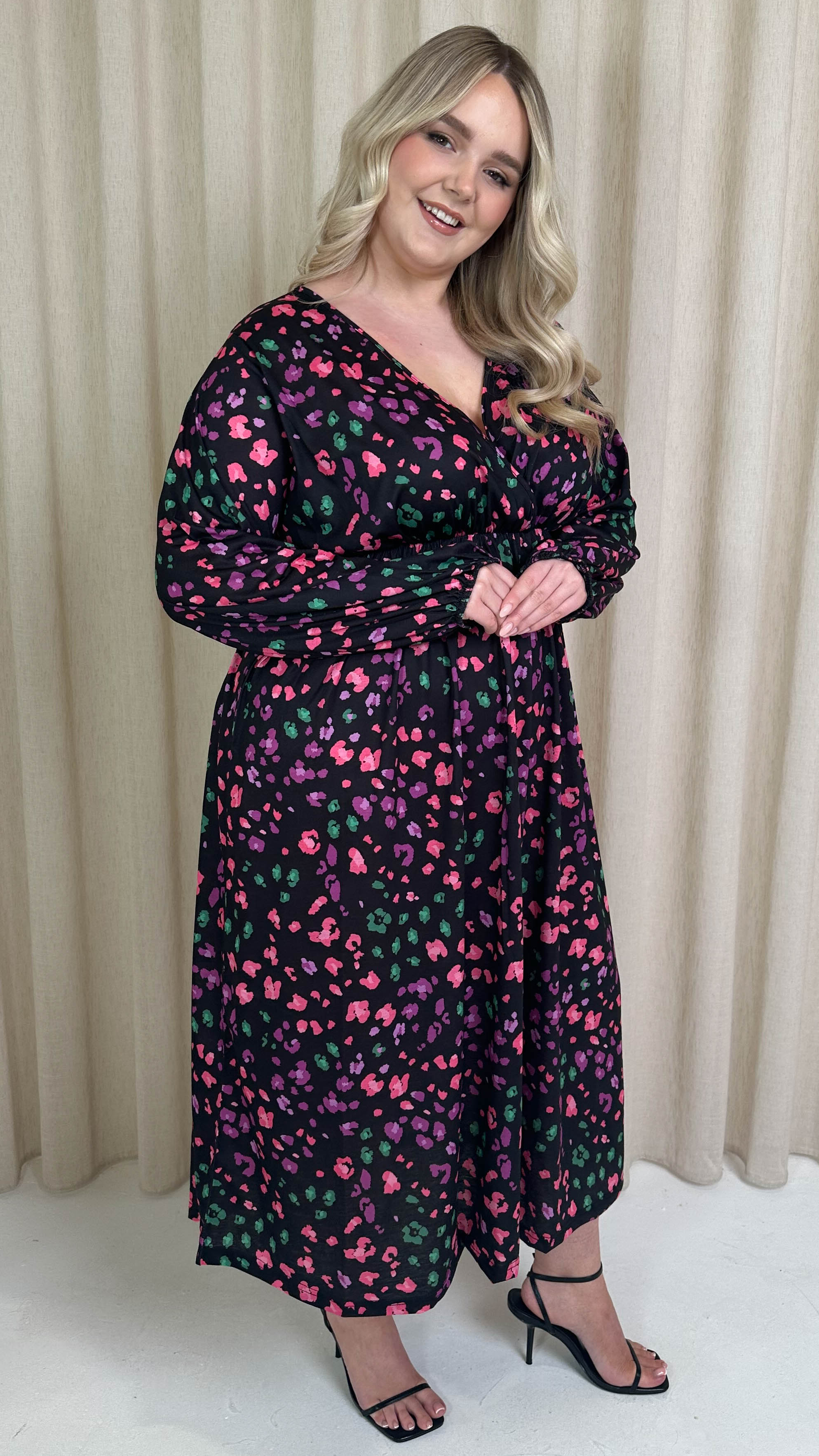CurveWow Petite Wrap Balloon Sleeve Midaxi Dress Multi Animal