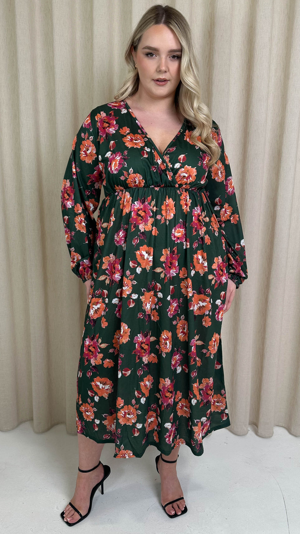CurveWow Wrap Balloon Sleeve Midaxi Dress Green
