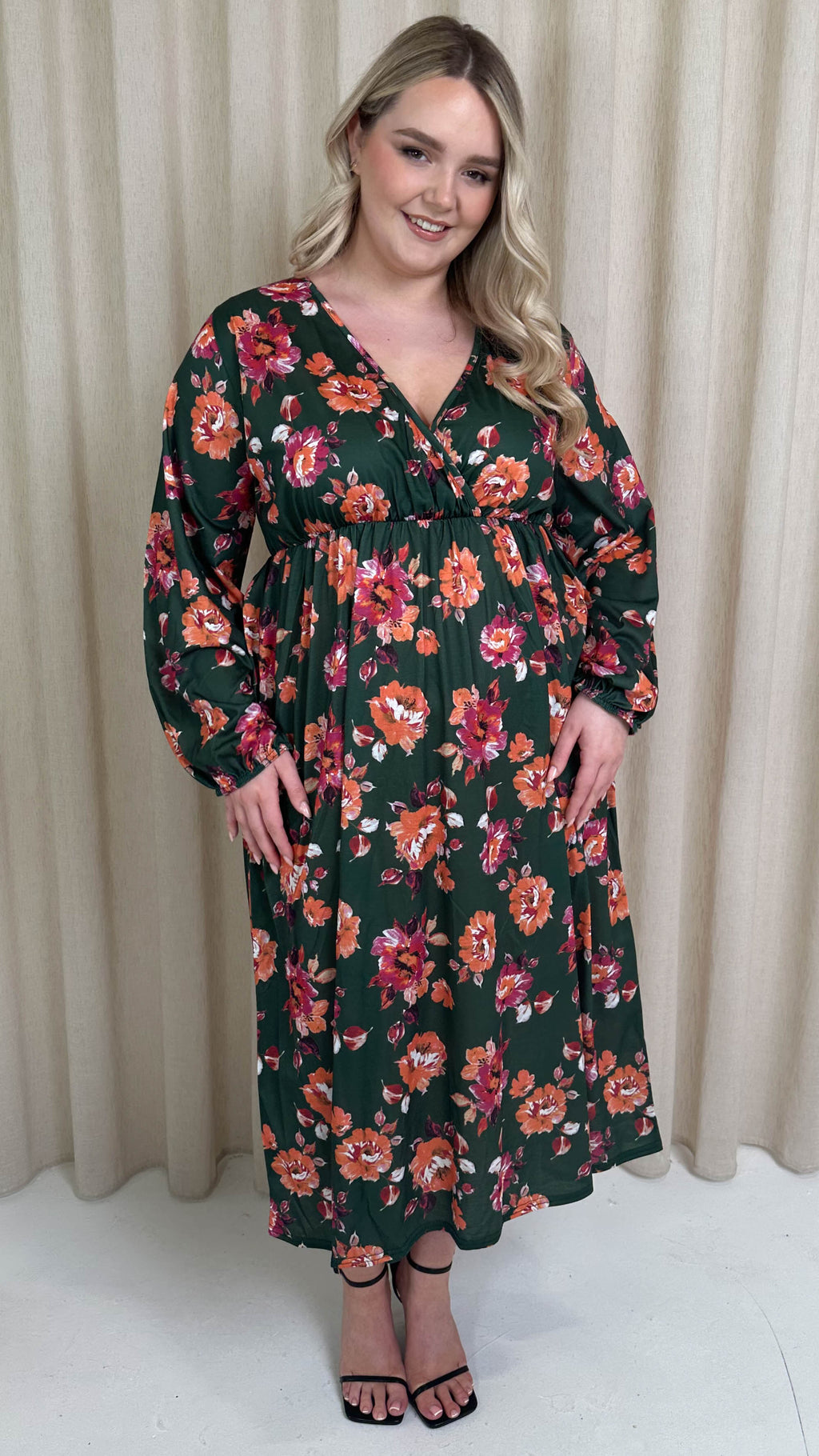 CurveWow Wrap Balloon Sleeve Midaxi Dress Green