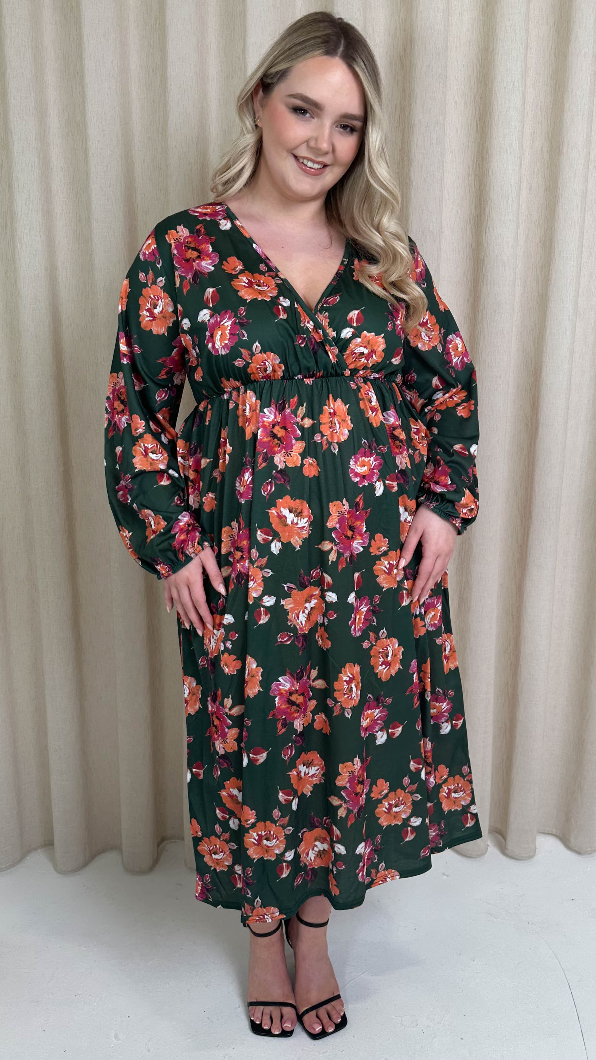 CurveWow Wrap Balloon Sleeve Midaxi Dress Green