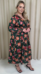CurveWow Wrap Balloon Sleeve Midaxi Dress Green