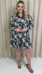 CurveWow Long Sleeve Button Front Frill Dress Black Floral