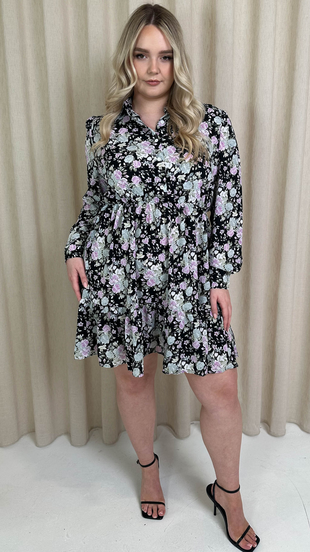 CurveWow Long Sleeve Button Front Frill Dress Black Floral