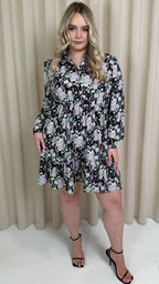 CurveWow Long Sleeve Button Front Frill Dress Black Floral