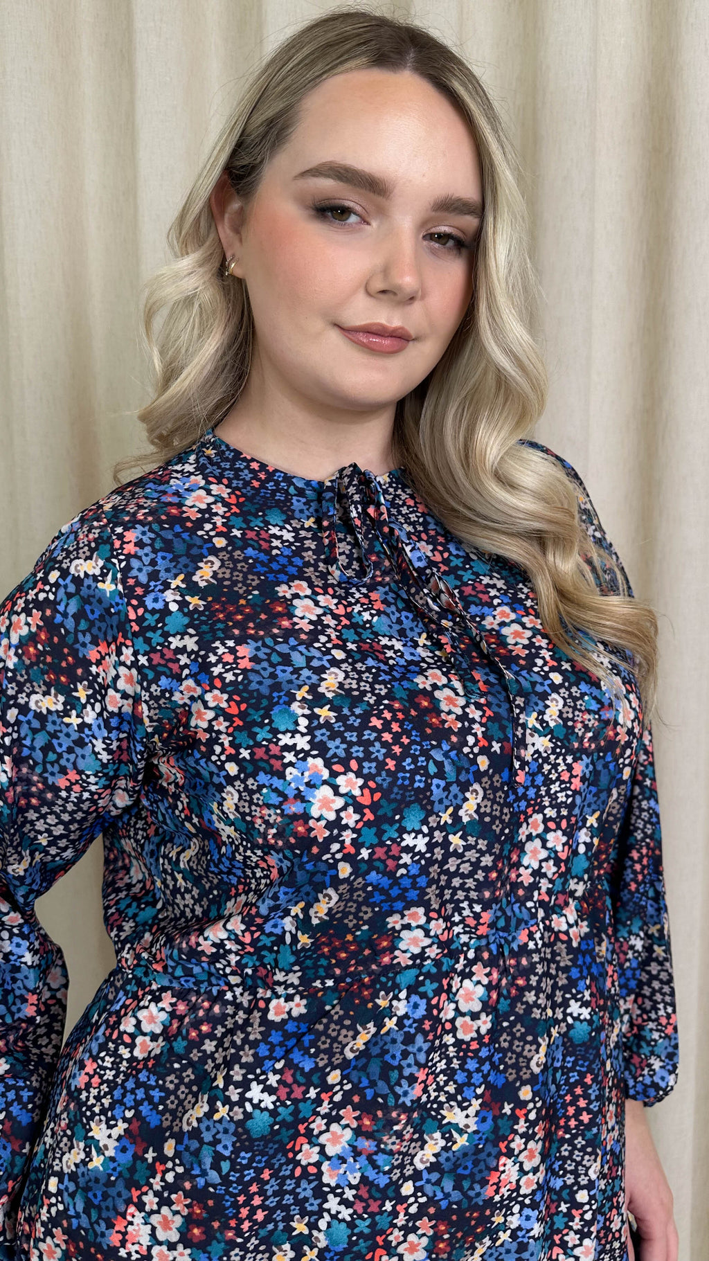 CurveWow Tie Neck Tiered Mini Dress Multi Floral