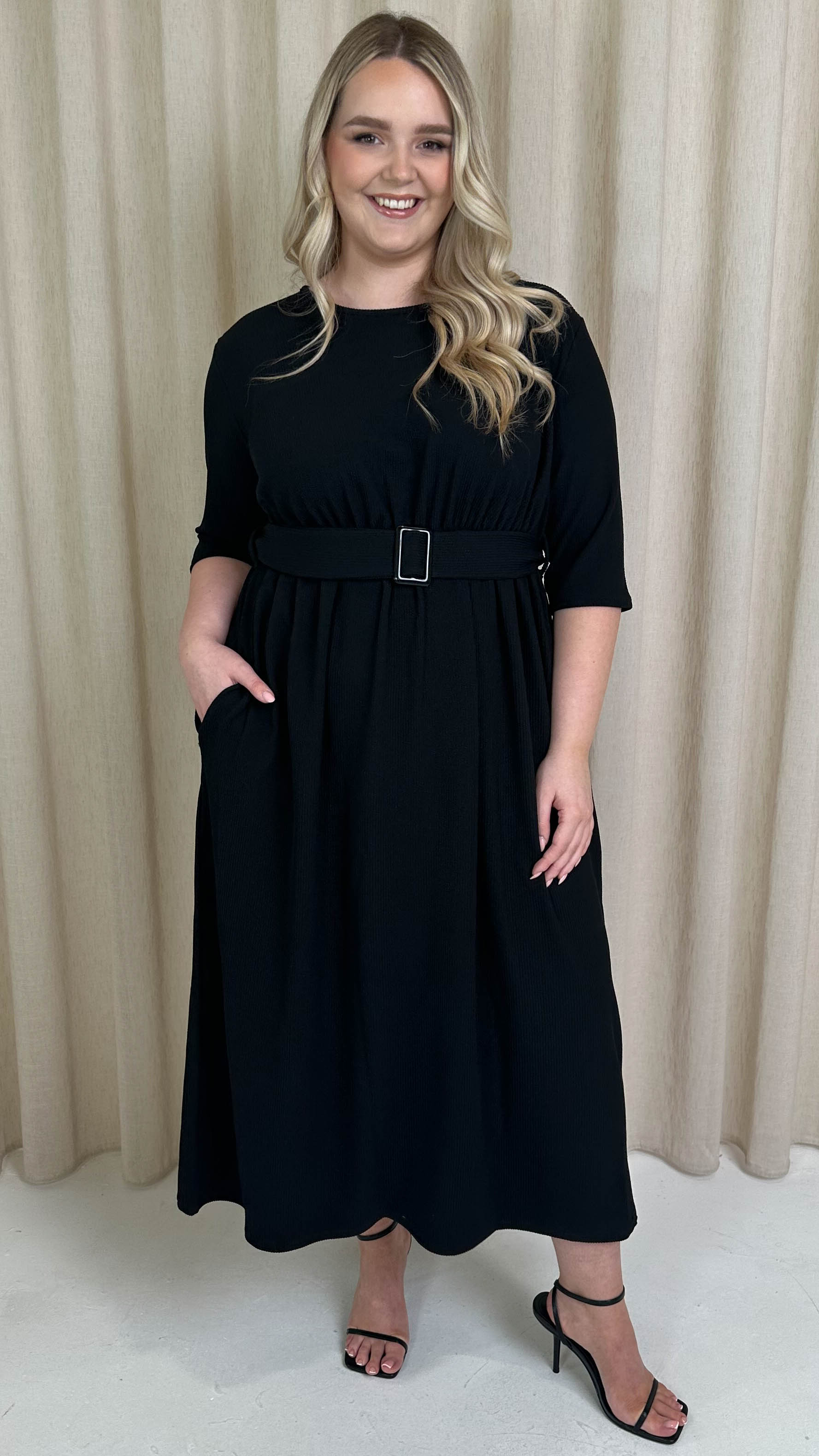 CurveWow Textured Belted Pocket Midi Dress Black