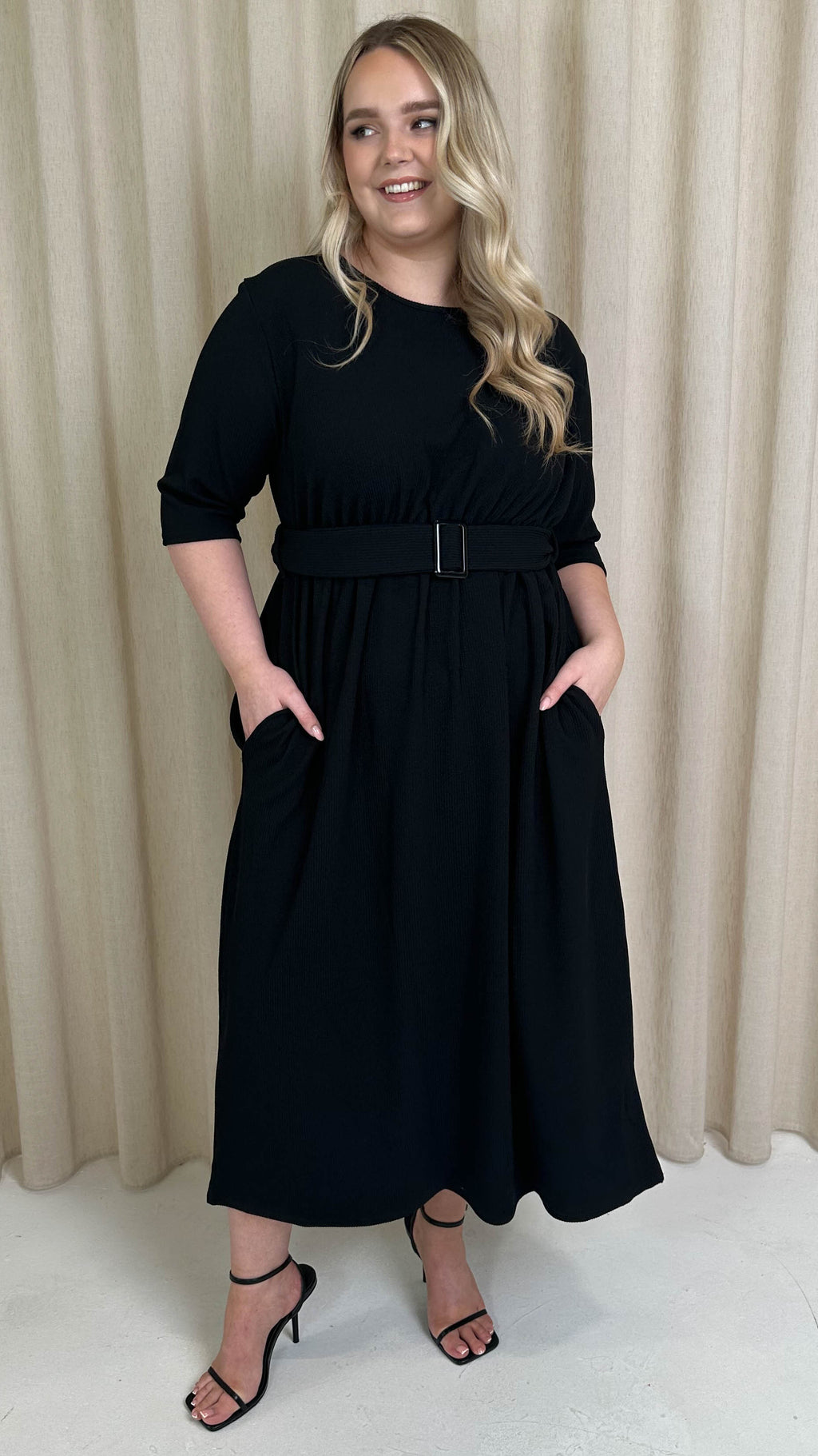 CurveWow Textured Belted Pocket Midi Dress Black