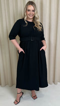 CurveWow Textured Belted Pocket Midi Dress Black