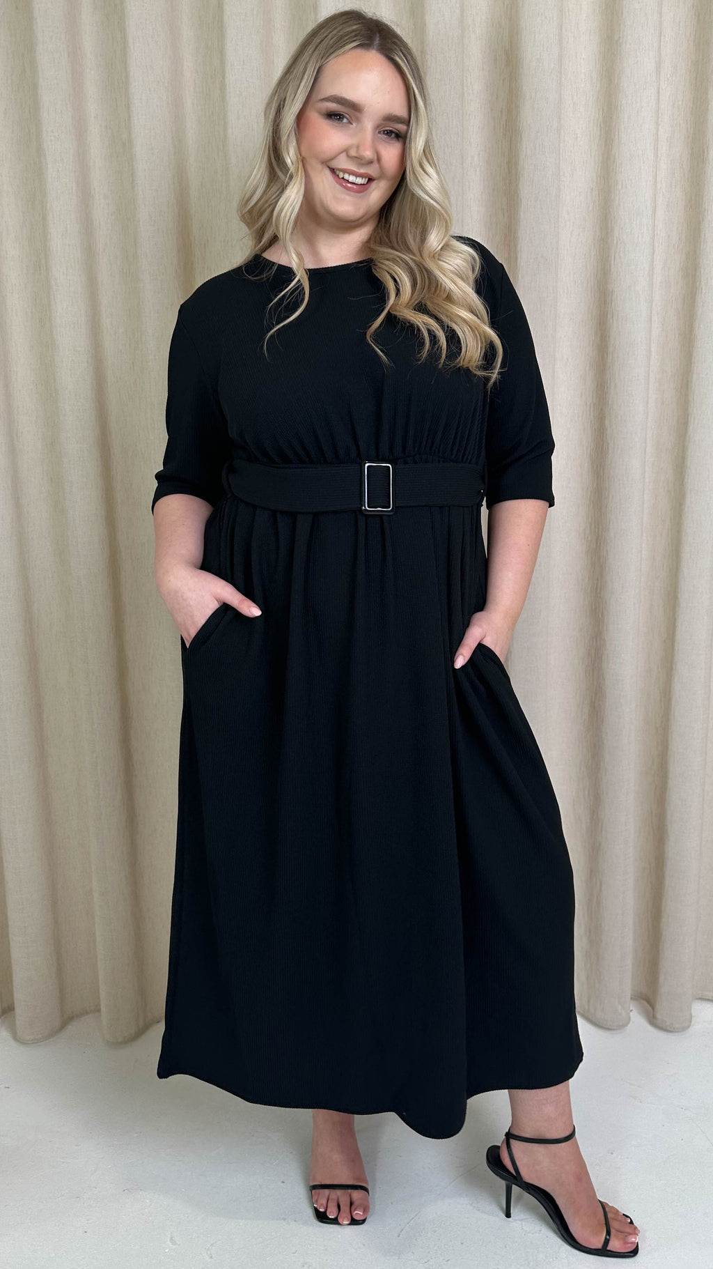 CurveWow Textured Belted Pocket Midi Dress Black