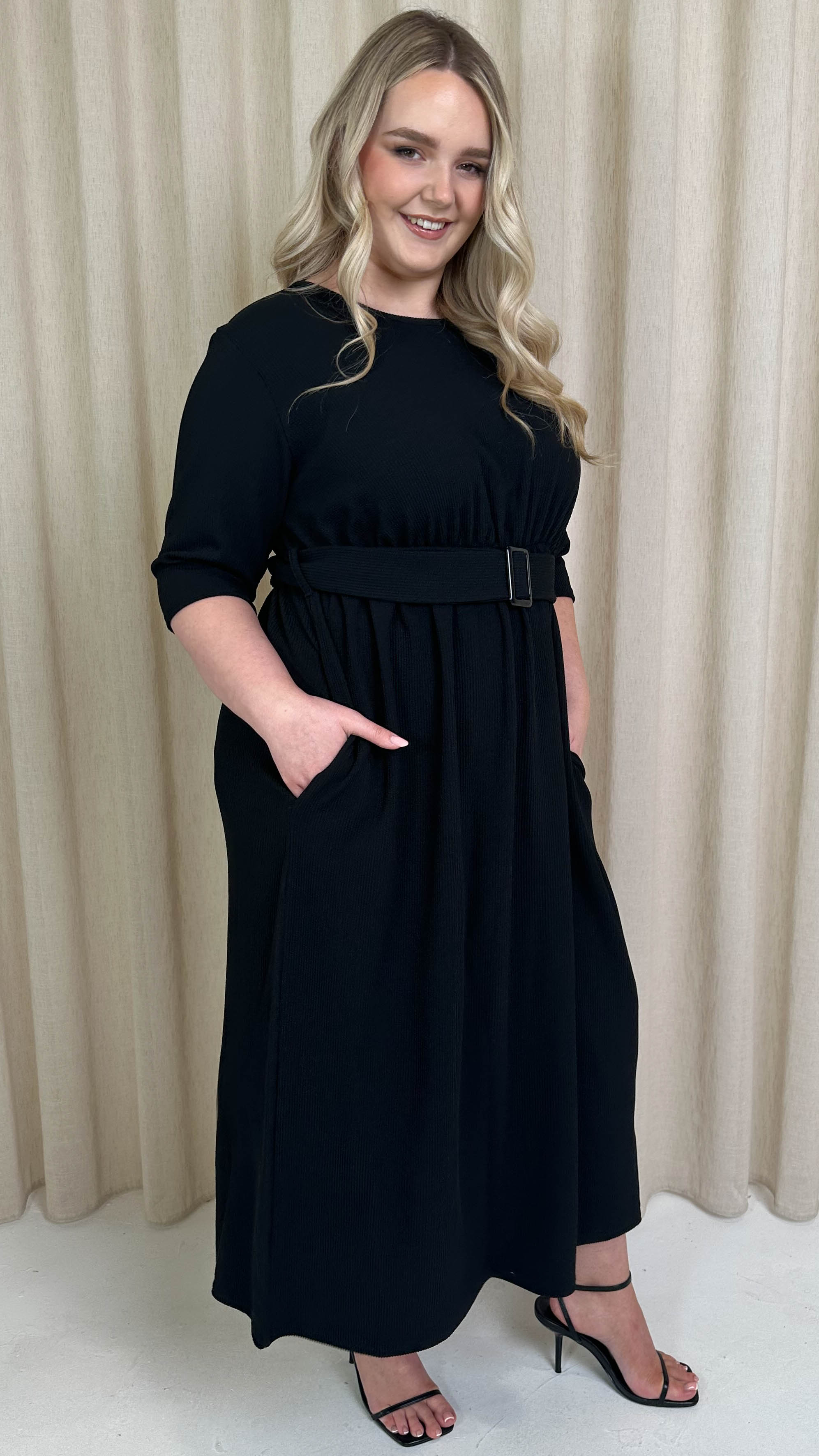 CurveWow Textured Belted Pocket Midi Dress Black
