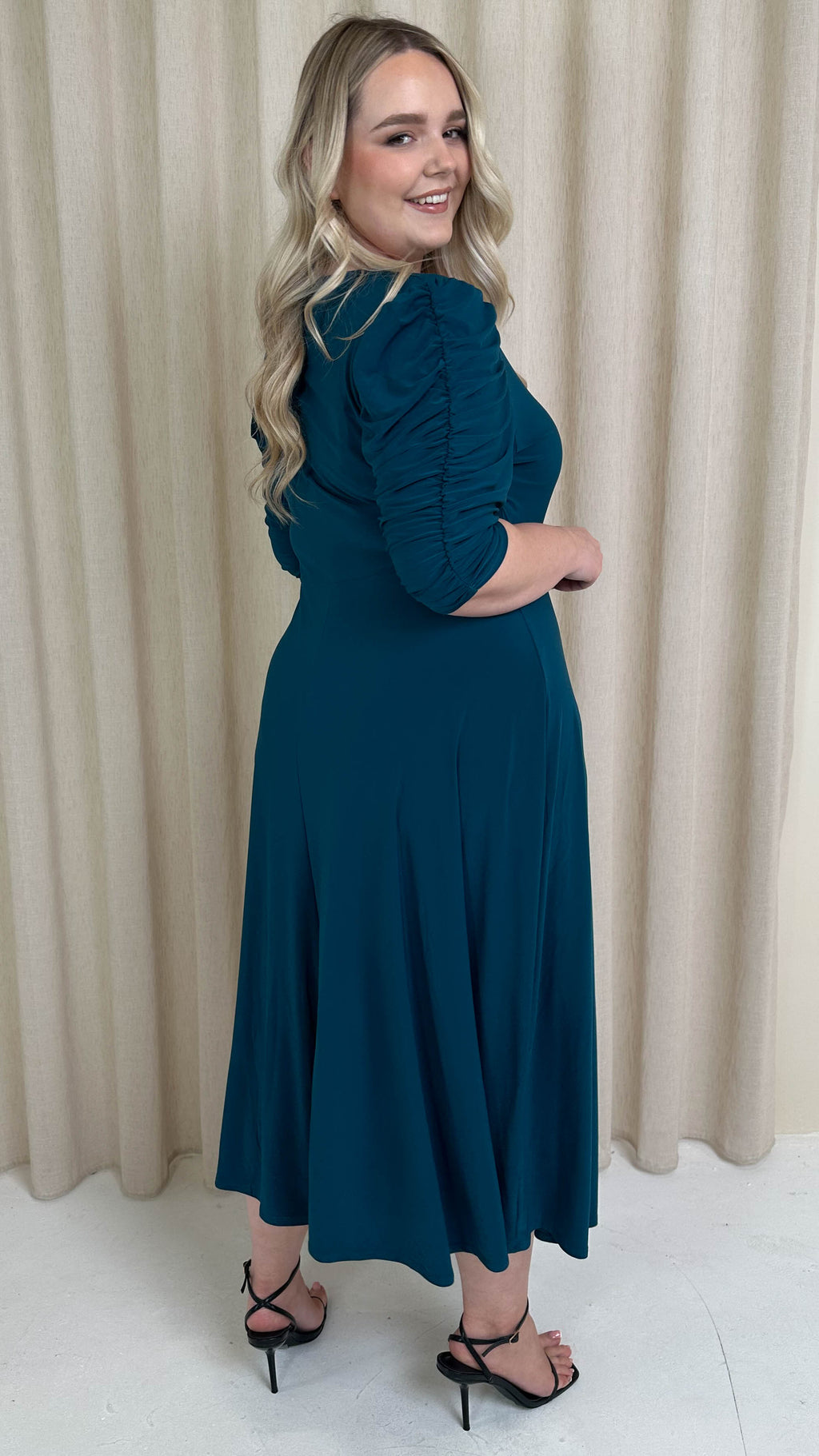 CurveWow 3/4 Balloon Sleeve Wrap Midi Dress Petrol