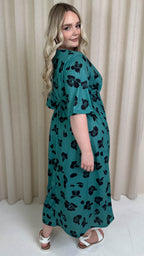 CurveWow Wrap Midi Dress Green Leopard