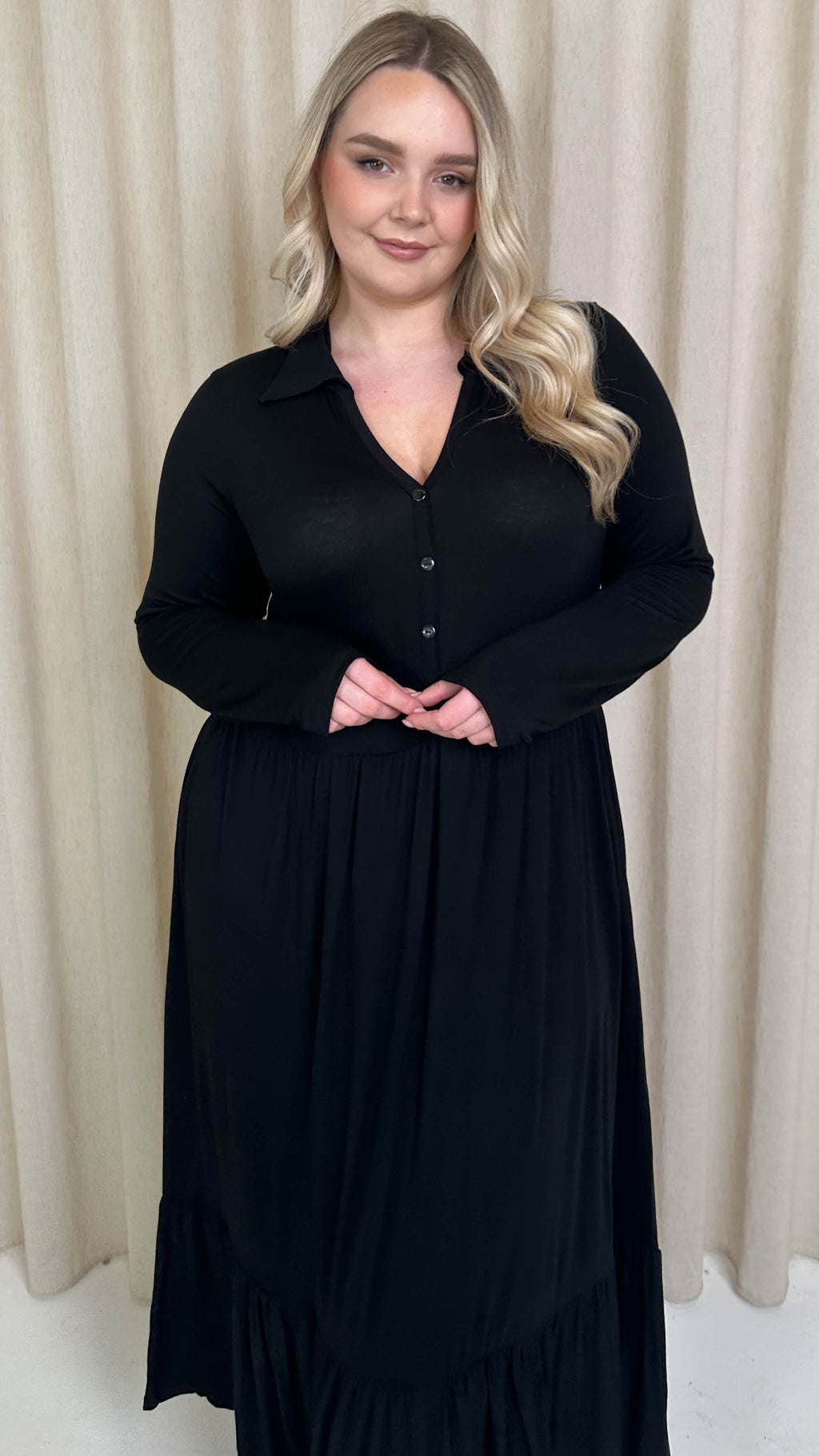 CurveWow Collared Button Smock Dress Black
