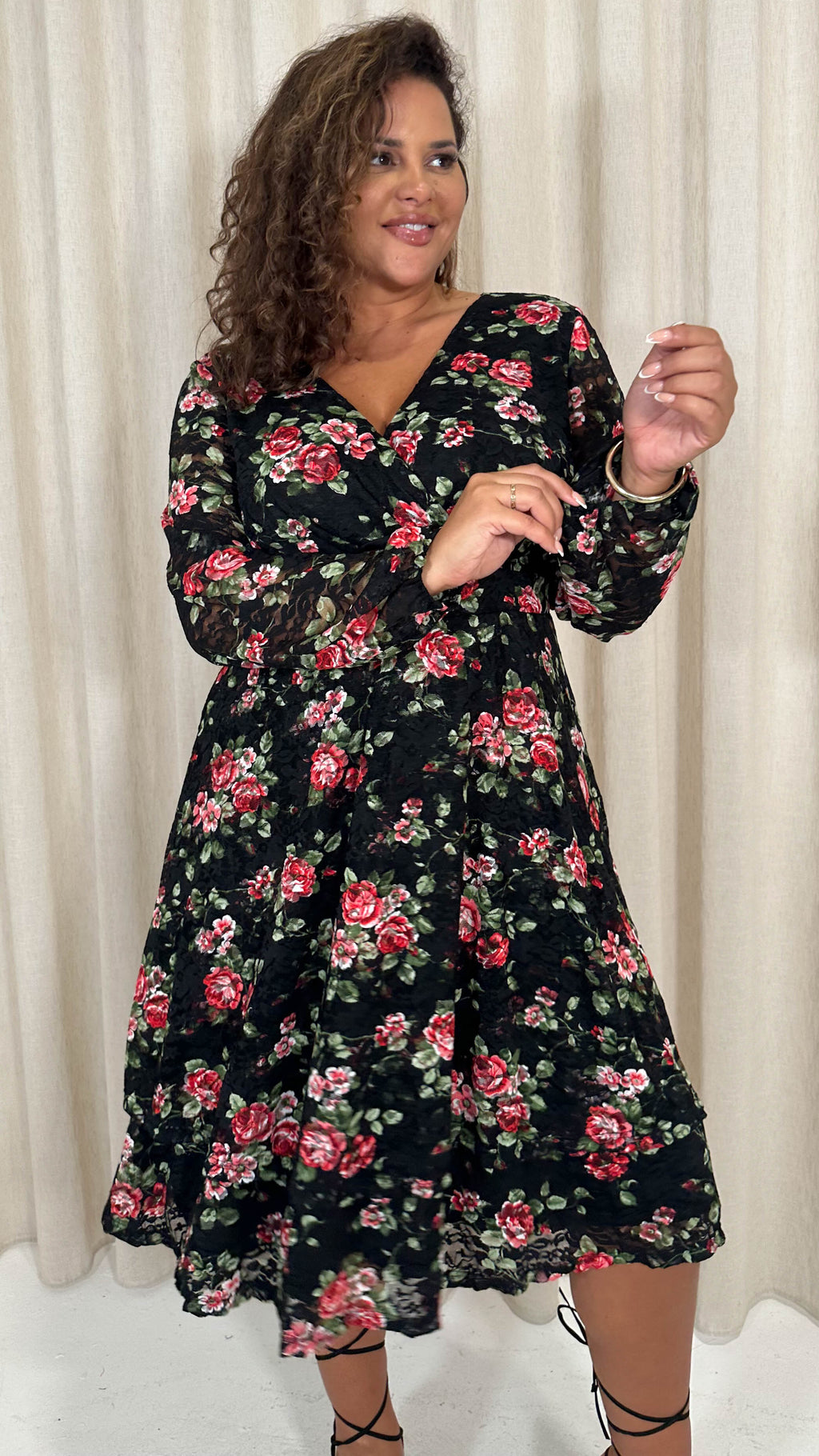 CurveWow Lace Plunge Ruffle Skater Dress Black Floral