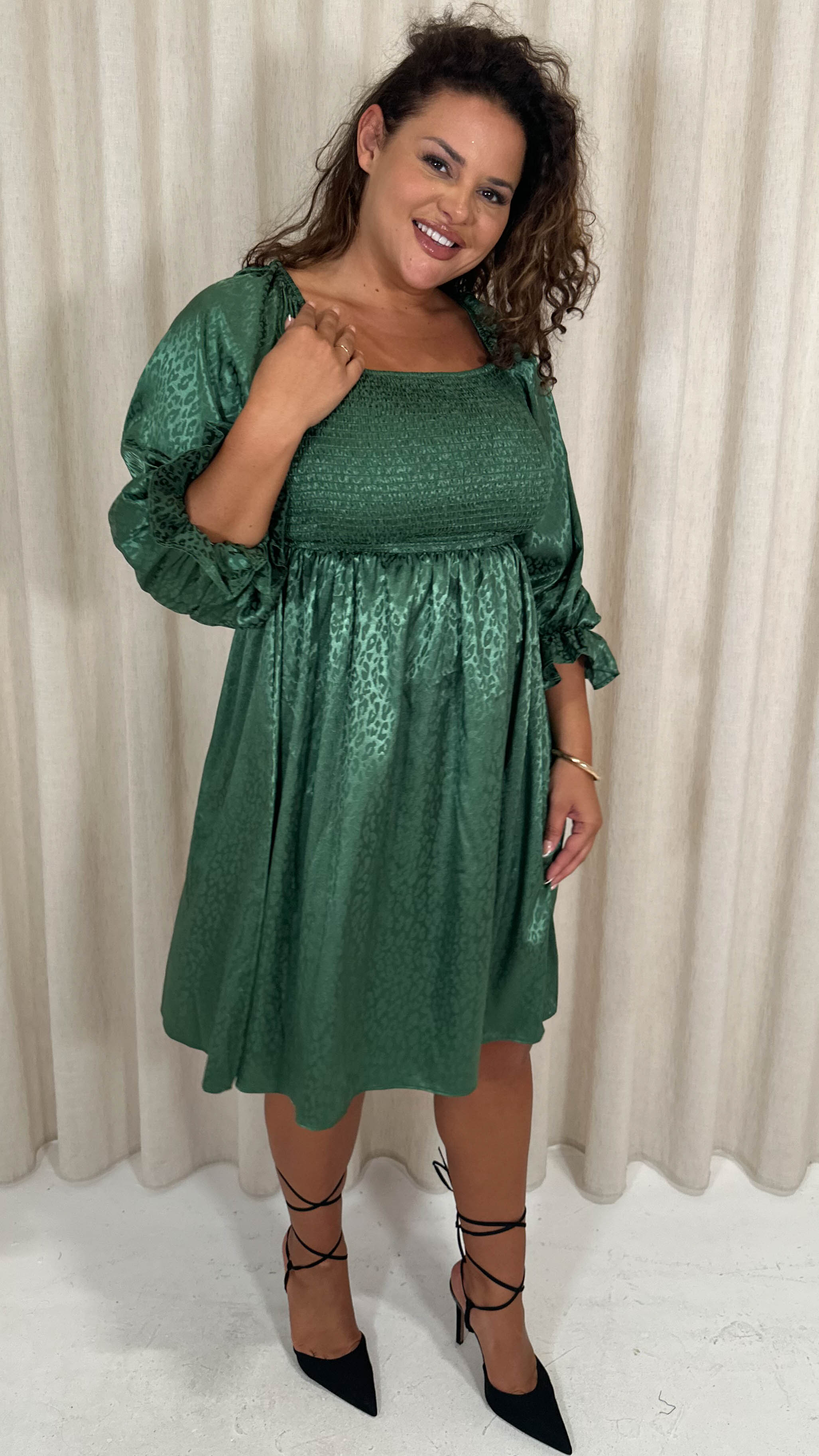 CurveWow Printed Satin Shirred Top Mini Dress Forest Green