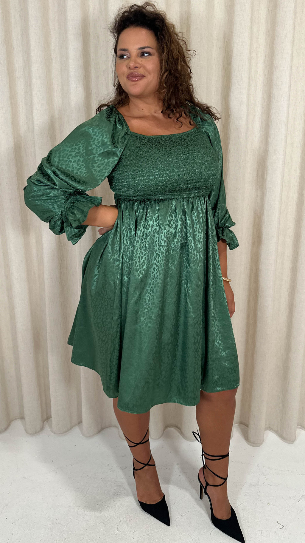 CurveWow Printed Satin Shirred Top Mini Dress Forest Green