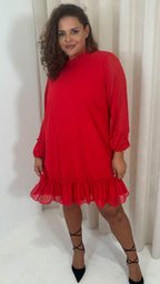 CurveWow High Neck Dobby Mesh Mini Dress Red