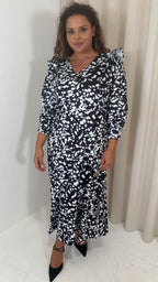 CurveWow Ruffle Shoulder V Neck Midi Dress Mono Smudge