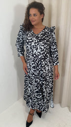 CurveWow Ruffle Shoulder V Neck Midi Dress Mono Smudge