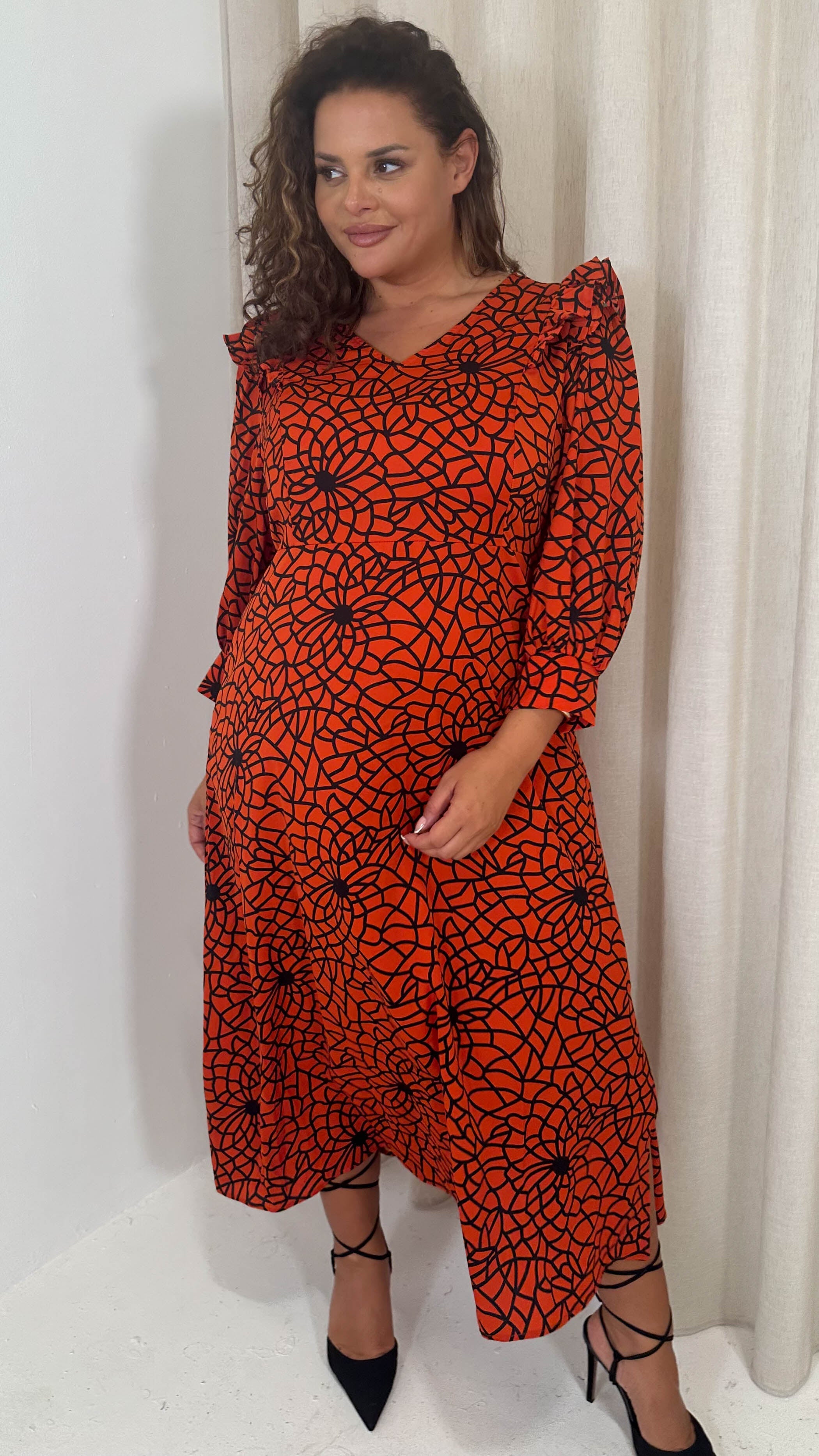 CurveWow Ruffle Shoulder V Neck Midi Dress Rust Grid