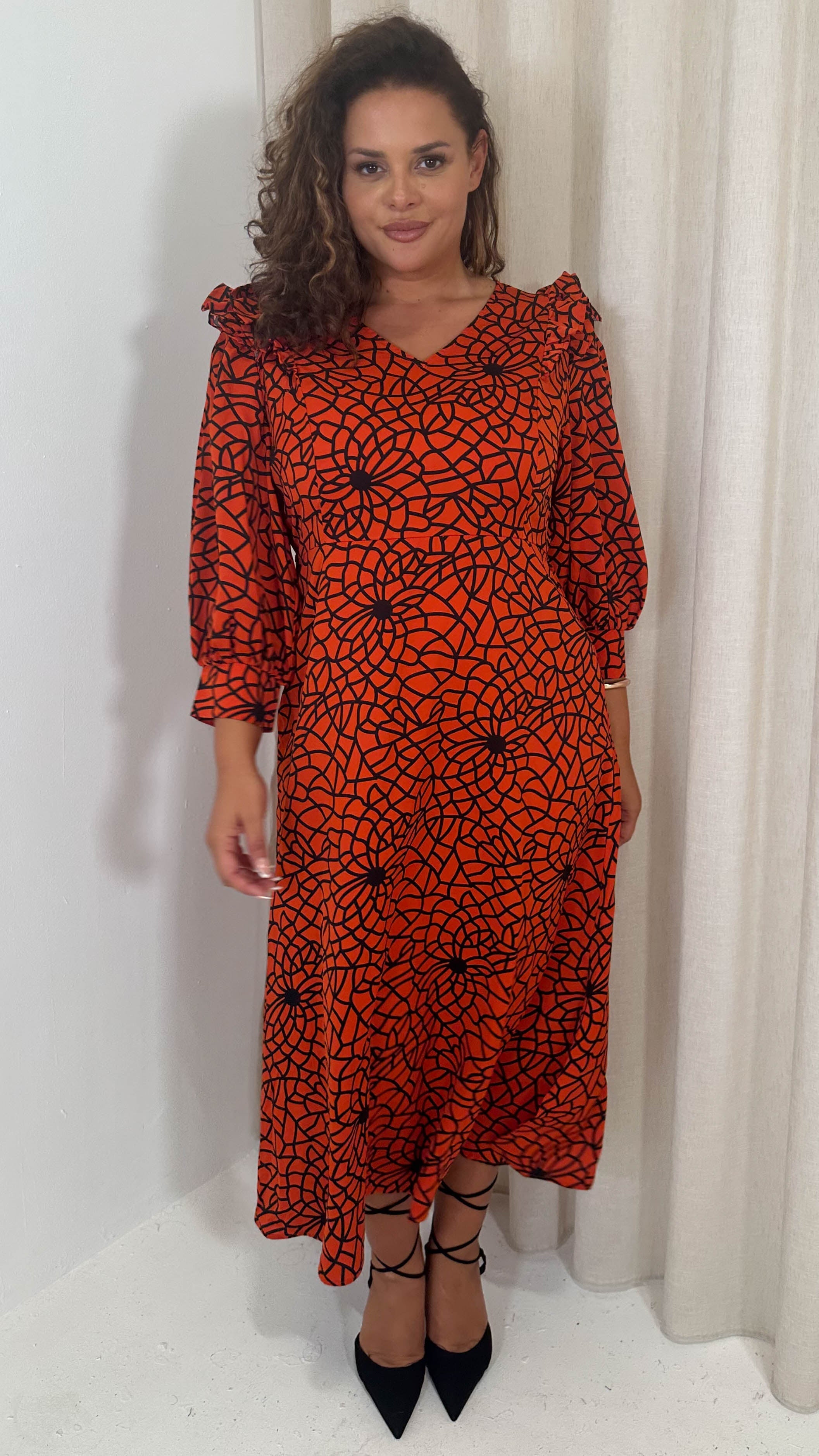 CurveWow Ruffle Shoulder V Neck Midi Dress Rust Grid