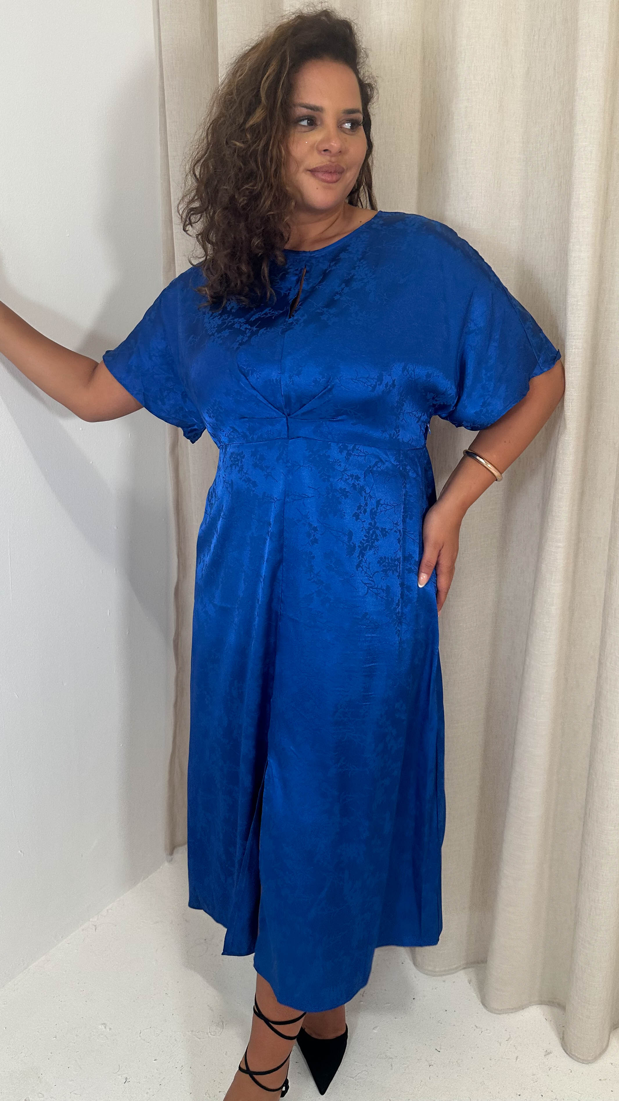 CurveWow Keyhole Oriental Satin Dress Cobalt Blue